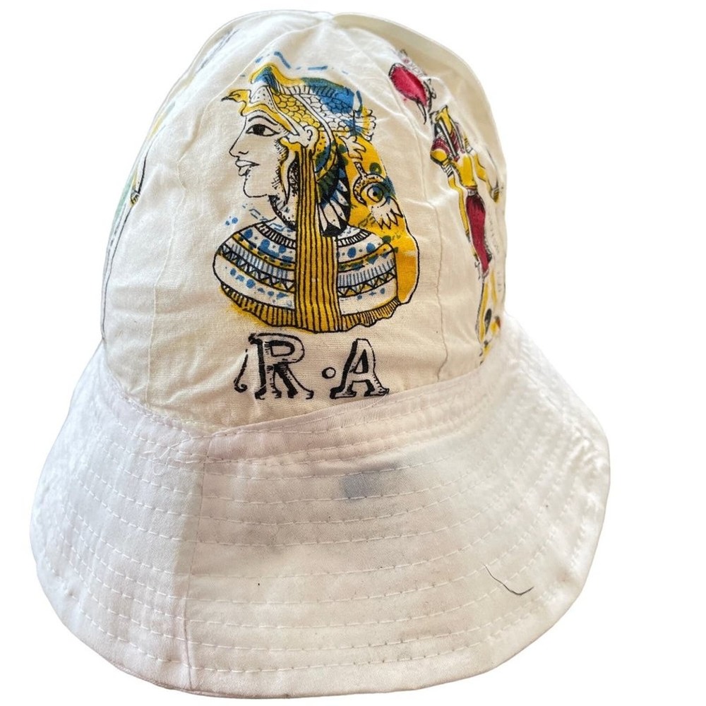 Vintage Bucket Hat White Welcome Egypt Ancient Egyptian Pharaoh Handmade Unisex